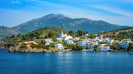 Fototapeta premium Beautiful iconic landscape of Greece cost with white houses on mountain and blue sea water at sunny summer day