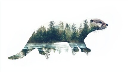 Obraz premium Enchanted Otter: Double-Exposure Watercolor Digital Art of Forest Silhouette Against White Background