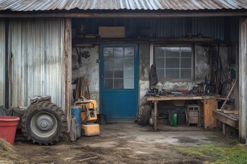Fototapeta na wymiar Rustic workshop with blue door and tools outside in rural area
