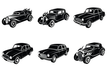 Vintage car silhouette set, Retro hot rod car collection vector illustration