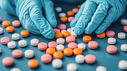 Hands in gloves sorting colorful pills on blue surface, showcasing research