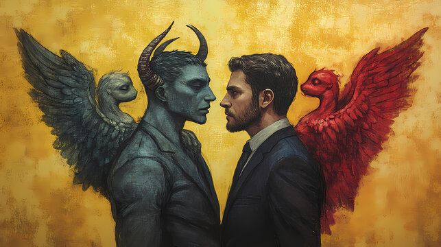 A man stands between a devil and an angel on his shoulders, both whispering into his ears as he faces a moral dilemma, with a textured yellow background. Whispering. Illustration