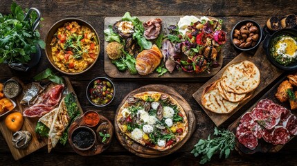 Fototapeta premium Delicious spread of Mediterranean dishes arranged on wooden table with vibrant colors and rich textures