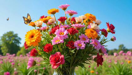 Vibrant bouquet of mixed flowers in garden, nature's beauty