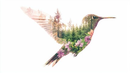 Obraz premium Enchanting Watercolor Double-Exposure: Hummingbird Silhouette with Lush Forest and Flowers in Vibrant Artistic Design on White Background