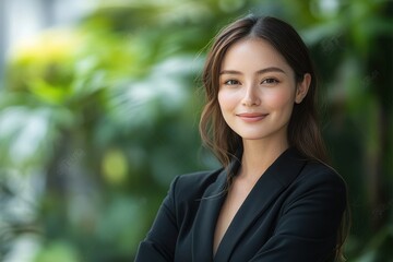 Young Businesswoman in Suit Outdoors Smiling in Green Garden Natural Light Professional Look