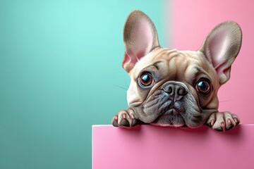 French Bulldog Puppy Peeking Over Pastel Pink Background Vibrant Pop Art Style Invitation Banner