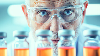 Experienced scientist examining vials of liquid with focus and precision