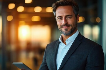 young latin businessman executive using tablet in modern office environment