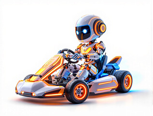 A small robot operates a sleek, futuristic go-kart that glows with neon lights. The scene highlights advanced technology and playful design, creating a captivating atmosphere.