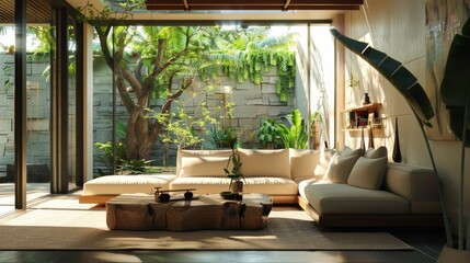 beautiful living room showcase interior design backdrop cosy comfort sofa with natural color scheme with simple decorating items and treepot easy lifestyle house ideas design background