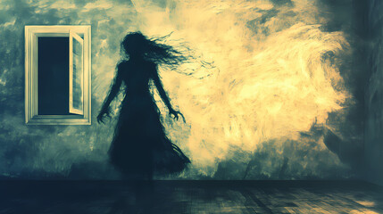 Haunted by whispers, a tormented silhouette fights inner demons in a chilling, dim-lit room. Whispering. Illustration