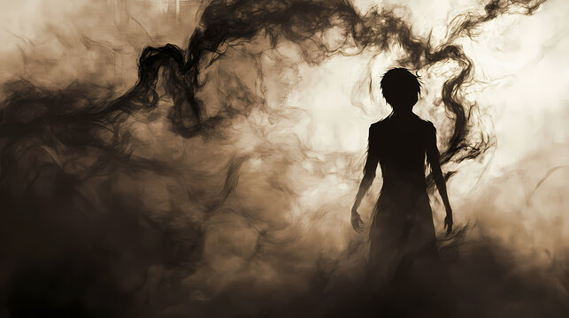 Haunted by whispers, a tormented silhouette fights inner demons in a chilling, dim-lit room. Whispering. Illustration
