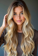 Fototapeta premium A young woman stands confidently with long, wavy hair cascading over her shoulders. She smiles softly, creating a warm and inviting atmosphere while dressed casually.