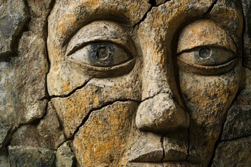 Cracked stone face, weathered, ancient, solemn.