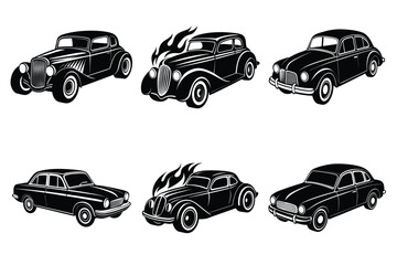 Vintage car silhouette set, Retro hot rod car collection vector illustration