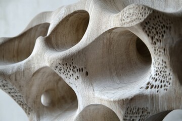 Abstract light-grey sculpture;  carved, porous, organic forms.