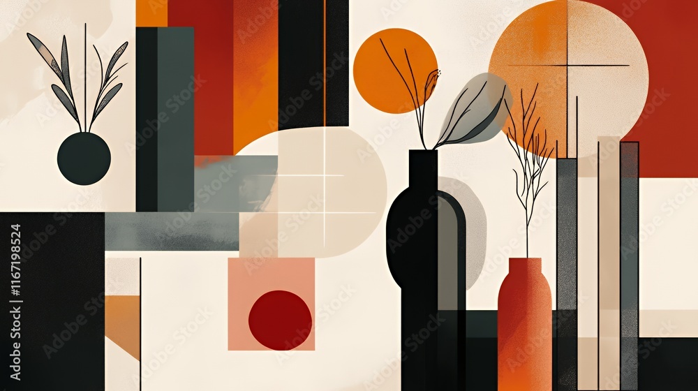 Poster abstract geometric artwork featuring vases and branches