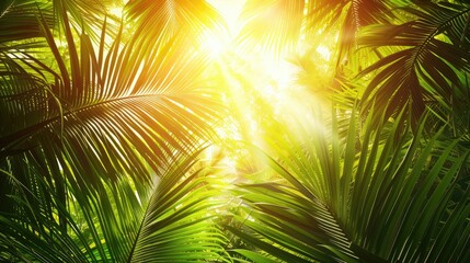 Obraz premium Beautiful magical palm, fabulous trees. Palm Forest jungle landscape, sun rays illuminate the leaves and branches of trees. Magical summer. 3d illustration