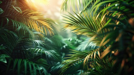Beautiful magical palm, fabulous trees. Palm Forest jungle landscape, sun rays illuminate the leaves and branches of trees. Magical summer. 3d illustration