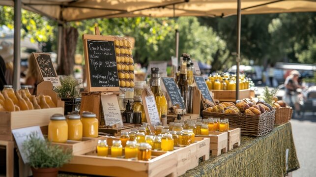 Farmers market showcases handmade oils and herbs during a sunny afternoon, inviting shoppers to explore local produce and artisanal goods