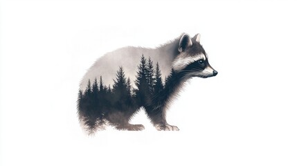 Obraz premium Ethereal Raccoon Double-Exposure: Enchanted Night Forest Silhouette in Watercolor Style Against White Background