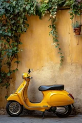 Fotobehang Bright yellow scooter parked against a vibrant wall with cascading greenery in an urban setting © olegganko