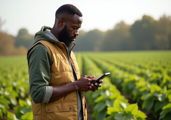black man stands technology countryside sustainable agriculture harvesting crops spring fall seasons outdoors