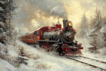 Fototapeta premium a whimsical fairy locomotive travels through a winter landscape adorned with holiday decorations the postcardstyle design evokes feelings of joy for the christmas season