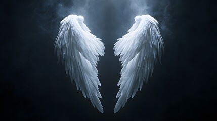Majestic White Angel Wings in Smoky Dark Surroundings