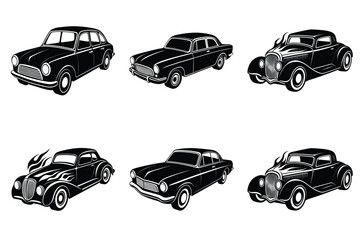 Vintage car silhouette set, Retro hot rod car collection vector illustration