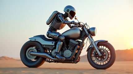 Fototapeta premium A robotic figure rides a sleek motorcycle through a vast desert during sunset, highlighting the blend of technology and exploration in a serene landscape.
