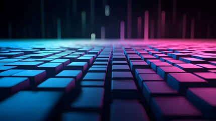 Obraz premium Vibrant Retro-Futuristic 8-Bit Grid with Glowing Neon Hues and Dynamic Visuals