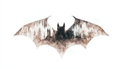 Fototapeta premium Mystical Bat Double-Exposure Watercolor Illustration with Cave Silhouette on White Background
