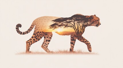 Fototapeta premium Ethereal Double-Exposure Cheetah Silhouette with Savanna Sunset - Watercolor Style Digital Illustration on White Background