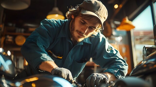 Skilled automotive mechanic in blue collar attire carefully adjusting and working on the suspension system of a vehicle in a workshop or garage setting