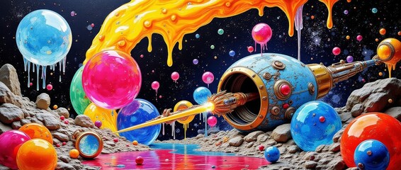 A surreal, futuristic scene with a vibrant, metallic spaceship emitting a beam of light against a backdrop of floating spheres, dripping paint, and a starry sky.