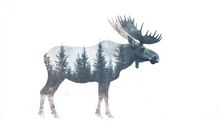 Obraz premium Majestic Moose Double-Exposure: Intricate Watercolor Illustration of Snowy Landscape within Silhouette on White Background