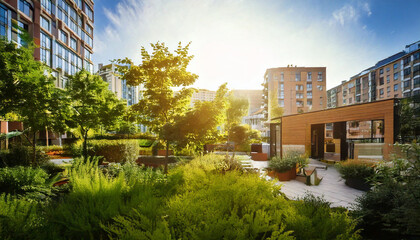 futuristic eco friendly cityscape with innovative green architecture, featuring vertical gardens and sustainable design elements, set against vibrant urban skyline