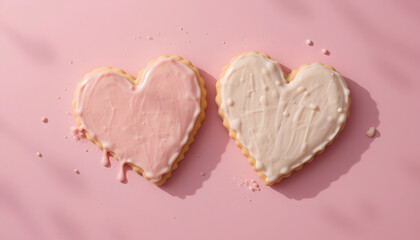 Heart-Shaped Cookies on a White Table, This image features a collection of heart-shaped cookies with pink frosting,