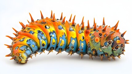 Colorful caterpillar, macro photography, spiky exoskeleton, vibrant orange and blue segments, intricate details, natural background, hyper-realistic, textured skin, wildlife close-up, vivid colors