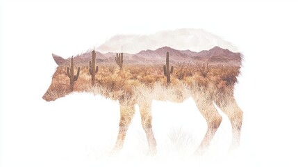 Fototapeta premium Watercolor Double-Exposure Javelina Silhouette with Desert Landscape | Ultra-Detailed Wildlife Artwork on White Background