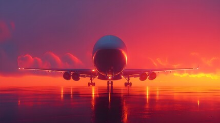 Commercial airliner, sunset takeoff, vibrant orange sky, silhouette, reflection on water, dramatic lighting, cinematic, photorealistic, high contrast, aviation photography, 4K, ultra-detailed