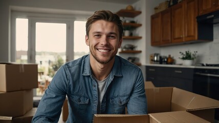 Young white man smiling in casual wear, sitting near moving boxes in modern kitchen