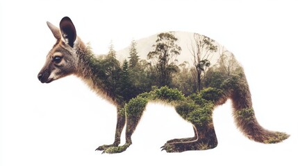 Wallaby Double-Exposure Watercolor Illustration with Australian Bush Scene Silhouette on White Background