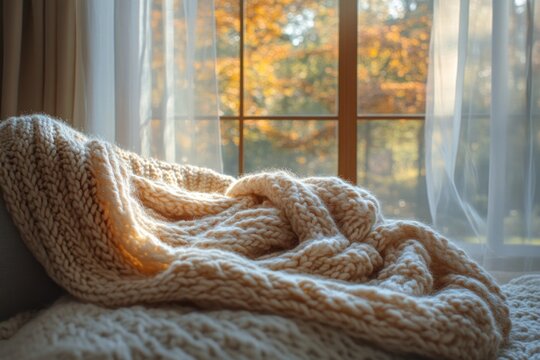 Thoughtful senior woman looking out window at home feeling lonely and sad in cozy indoor setting with soft light and warm textures