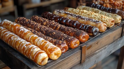 Trdelnik is street food of Prague. It considered a traditional national Czech sweet food. Trdlo is tubes of sweet dough, cooked on an open fire. The photo shows the 4 types of this dessert.