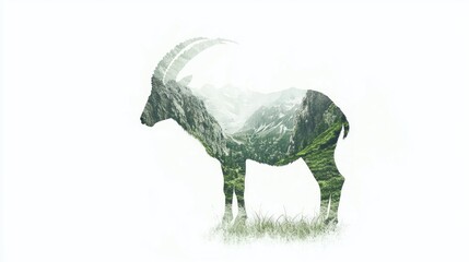 Majestic Ibex Double-Exposure Watercolor Illustration on White Background with Ultra-Detailed Mountain Landscape Inside Silhouette