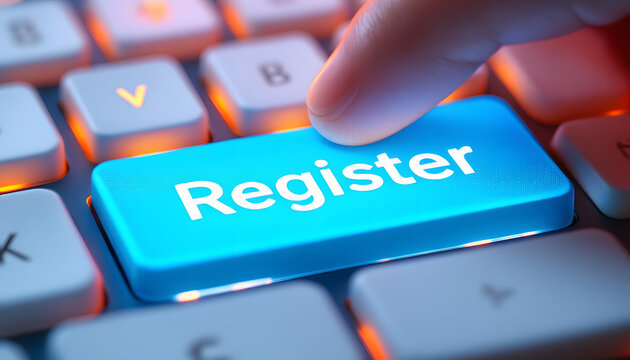 Register Now, Finger Pressing Keyboard Key, Online Registration, Glowing Register Button, Sign Up Concept, Finger Activating Register Key