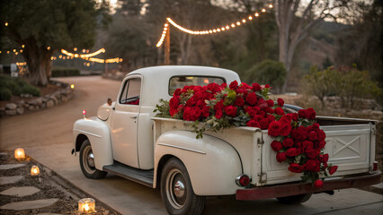 Vintage cram car with red roses on the back truck for valentine perfect background for valentine card. poster. wallpaper. background
